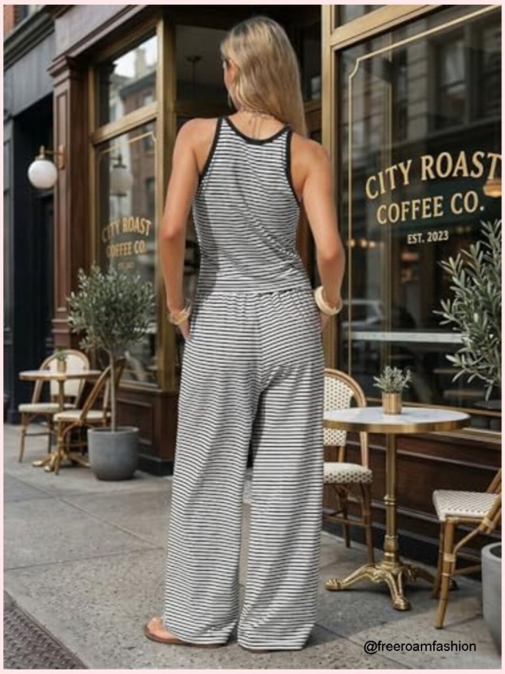 Cotton Summer 2 Piece Outfits Striped Halter Tops Wide Leg Pant Sets Lounge - Picture 5 of 7